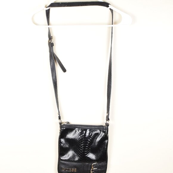 GUESS Barletta Black Crossbody Purse Snake Skin Patent Messenger Handbag Buckles - Picture 2 of 10